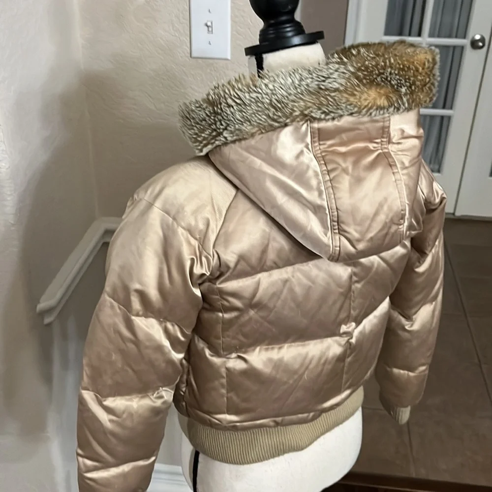 Old Navy tan/gold shiny puffer jacket with faux fur lined hood Size S